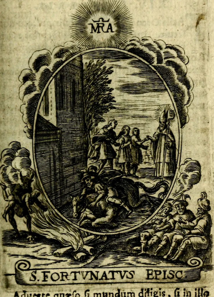 An illustration from Fasti Mariani cum illustrium diuorum imaginib. & elogijs prope DC. in singulos anni menses diésq SS. natales distributis, 1630, leaf 344