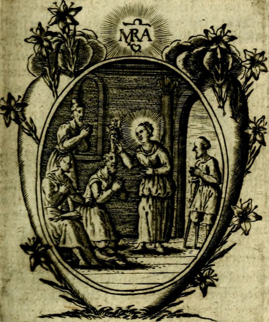 An illustration from Fasti Mariani cum illustrium diuorum imaginib. & elogijs prope DC. in singulos anni menses diésq SS. natales distributis, 1630, leaf 348