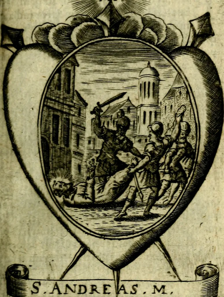 An illustration from Fasti Mariani cum illustrium diuorum imaginib. & elogijs prope DC. in singulos anni menses diésq SS. natales distributis, 1630, leaf 352