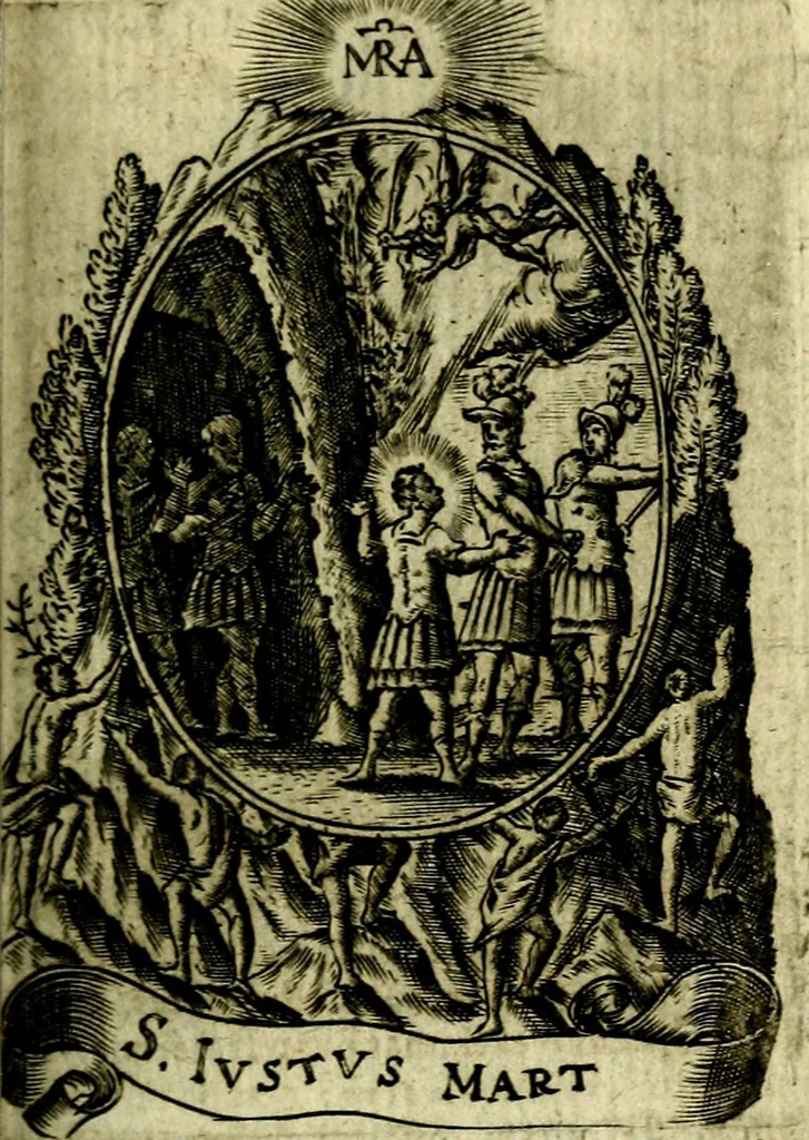 An illustration from Fasti Mariani cum illustrium diuorum imaginib. & elogijs prope DC. in singulos anni menses diésq SS. natales distributis, 1630, leaf 356