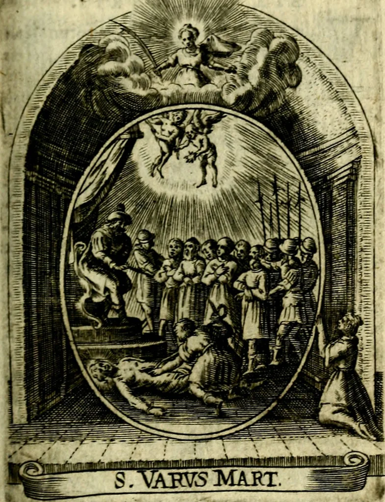 An illustration from Fasti Mariani cum illustrium diuorum imaginib. & elogijs prope DC. in singulos anni menses diésq SS. natales distributis, 1630, leaf 358