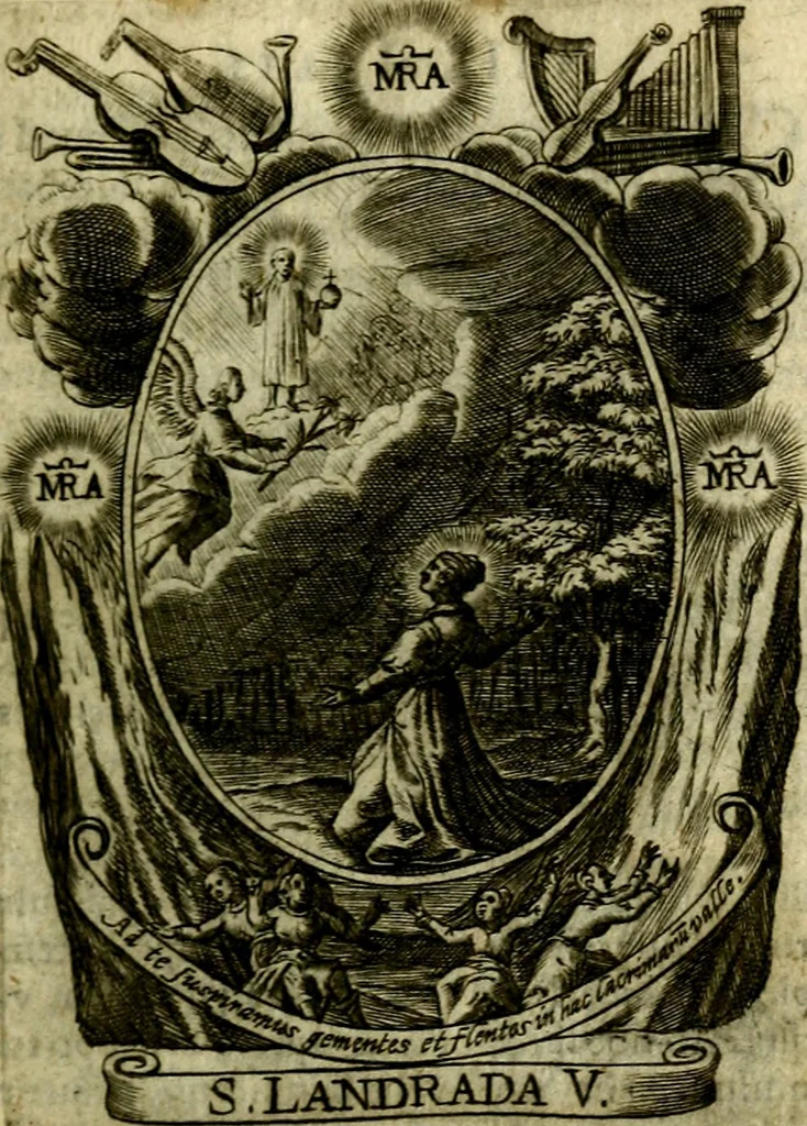An illustration from Fasti Mariani cum illustrium diuorum imaginib. & elogijs prope DC. in singulos anni menses diésq SS. natales distributis, 1630, leaf 36