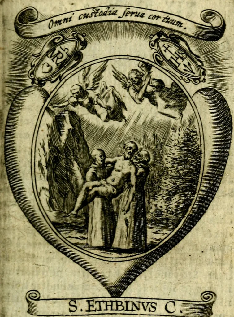 An illustration from Fasti Mariani cum illustrium diuorum imaginib. & elogijs prope DC. in singulos anni menses diésq SS. natales distributis, 1630, leaf 360