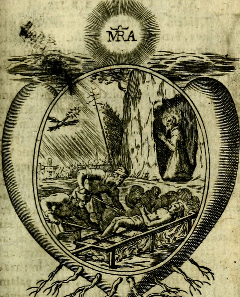 An illustration from Fasti Mariani cum illustrium diuorum imaginib. & elogijs prope DC. in singulos anni menses diésq SS. natales distributis, 1630, leaf 362