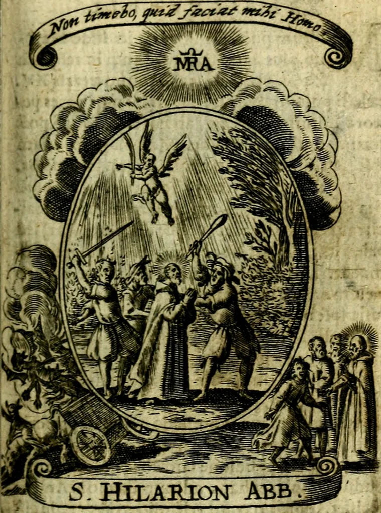 An illustration from Fasti Mariani cum illustrium diuorum imaginib. & elogijs prope DC. in singulos anni menses diésq SS. natales distributis, 1630, leaf 364