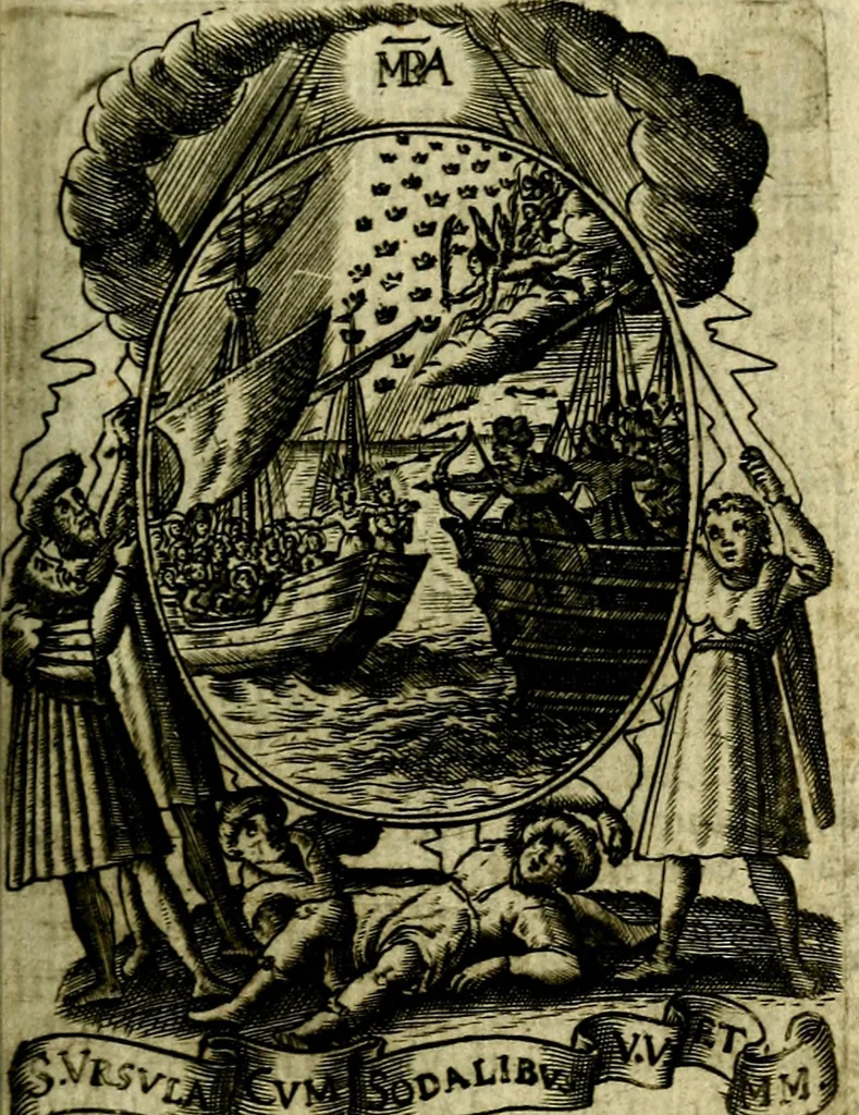 An illustration from Fasti Mariani cum illustrium diuorum imaginib. & elogijs prope DC. in singulos anni menses diésq SS. natales distributis, 1630, leaf 368