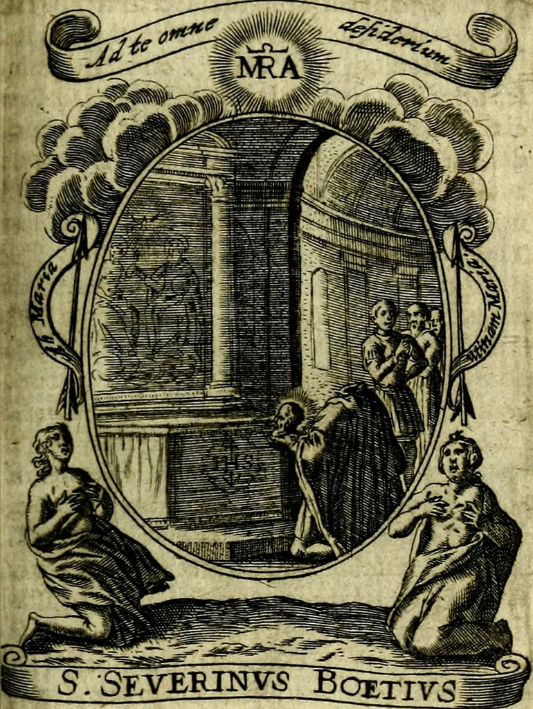 An illustration from Fasti Mariani cum illustrium diuorum imaginib. & elogijs prope DC. in singulos anni menses diésq SS. natales distributis, 1630, leaf 372