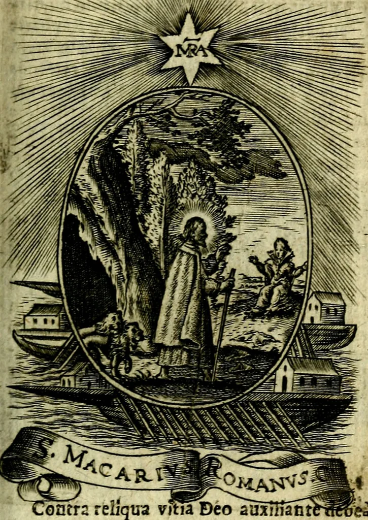 An illustration from Fasti Mariani cum illustrium diuorum imaginib. & elogijs prope DC. in singulos anni menses diésq SS. natales distributis, 1630, leaf 374