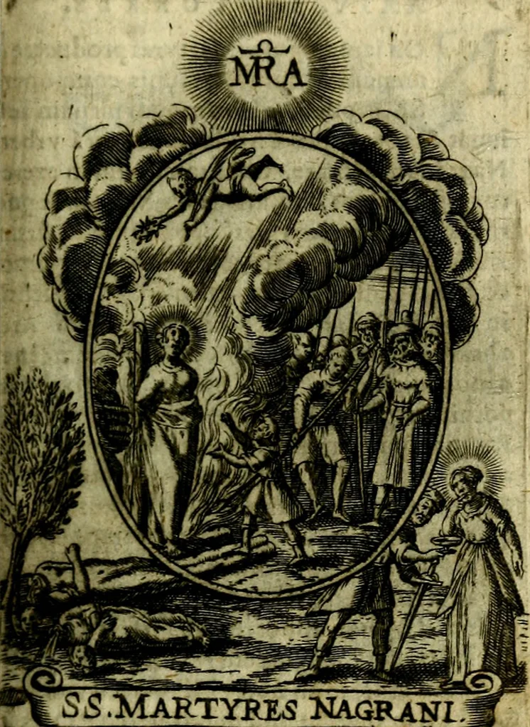 An illustration from Fasti Mariani cum illustrium diuorum imaginib. & elogijs prope DC. in singulos anni menses diésq SS. natales distributis, 1630, leaf 376