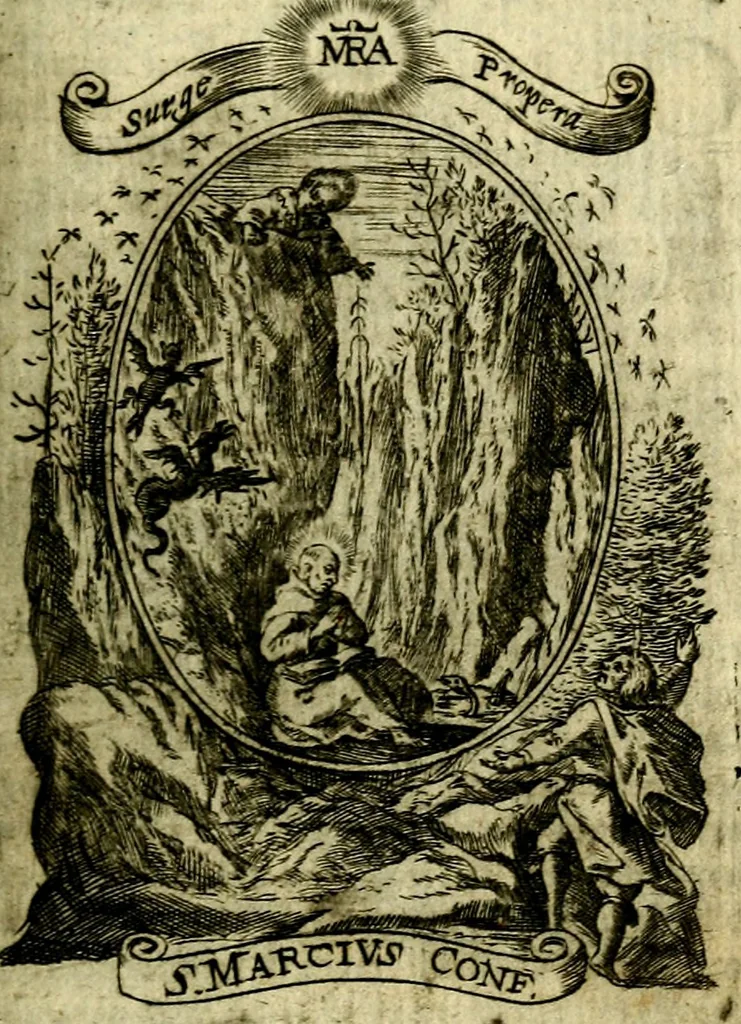 An illustration from Fasti Mariani cum illustrium diuorum imaginib. & elogijs prope DC. in singulos anni menses diésq SS. natales distributis, 1630, leaf 378