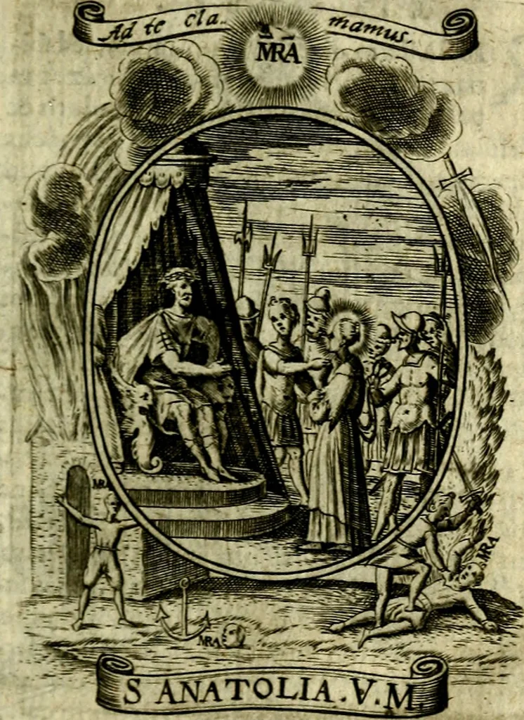 An illustration from Fasti Mariani cum illustrium diuorum imaginib. & elogijs prope DC. in singulos anni menses diésq SS. natales distributis, 1630, leaf 38