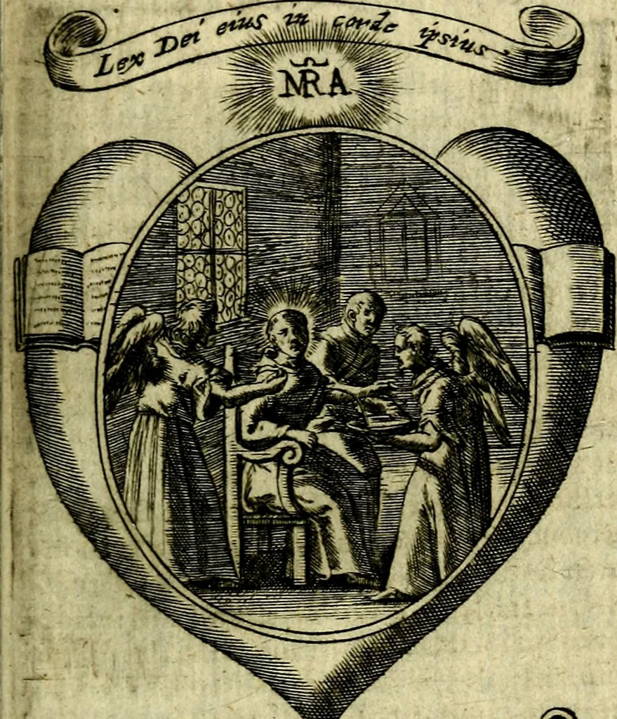 An illustration from Fasti Mariani cum illustrium diuorum imaginib. & elogijs prope DC. in singulos anni menses diésq SS. natales distributis, 1630, leaf 380