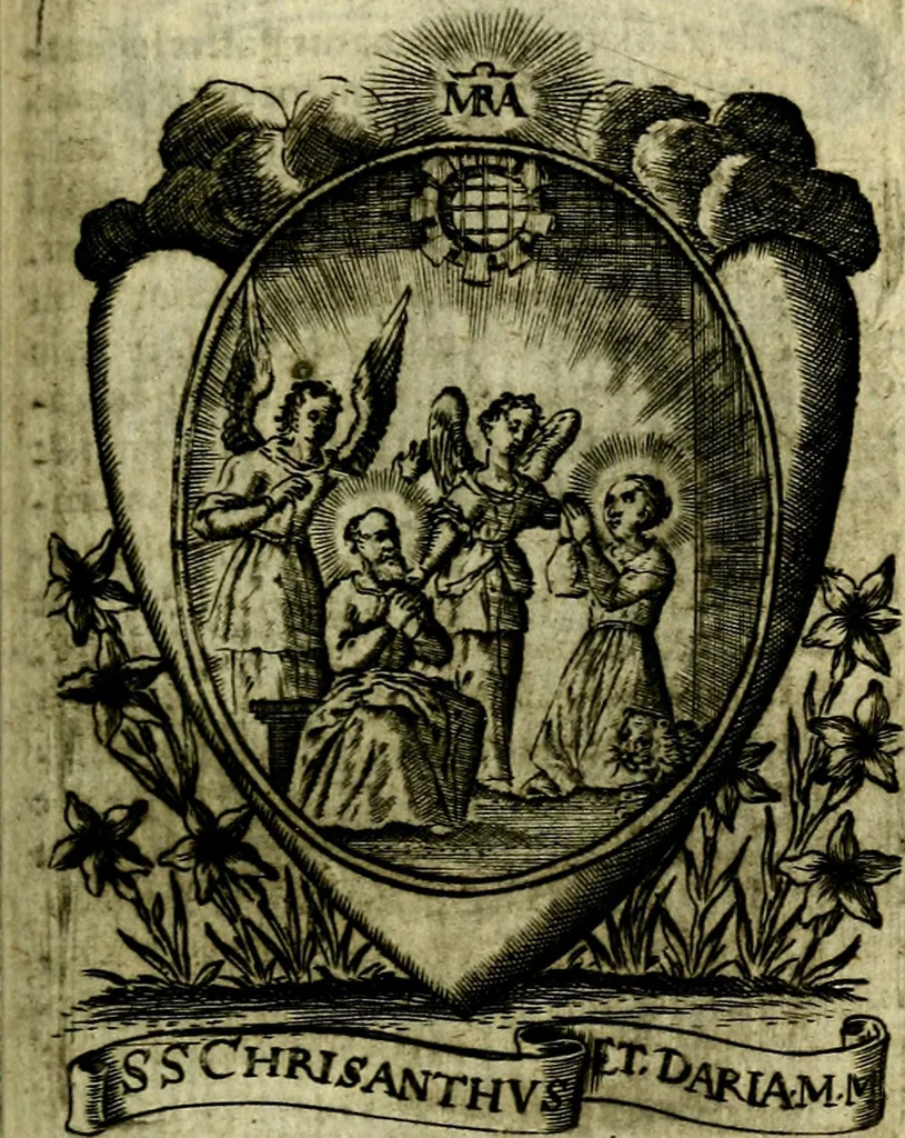 An illustration from Fasti Mariani cum illustrium diuorum imaginib. & elogijs prope DC. in singulos anni menses diésq SS. natales distributis, 1630, leaf 382
