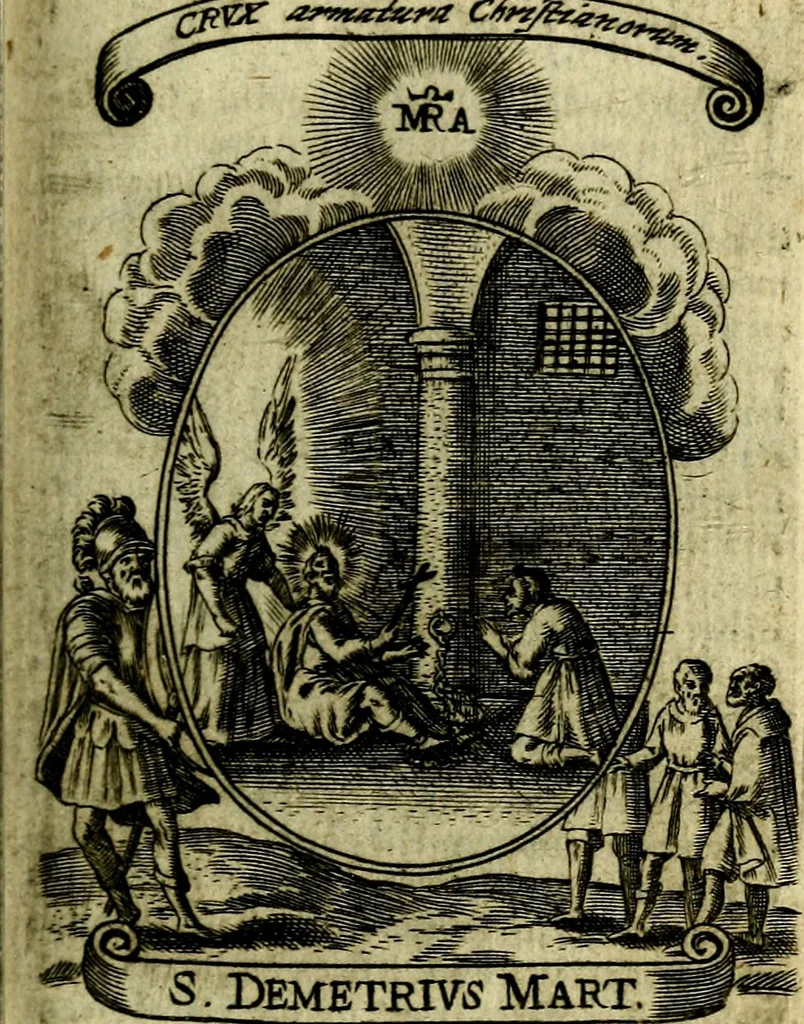An illustration from Fasti Mariani cum illustrium diuorum imaginib. & elogijs prope DC. in singulos anni menses diésq SS. natales distributis, 1630, leaf 384