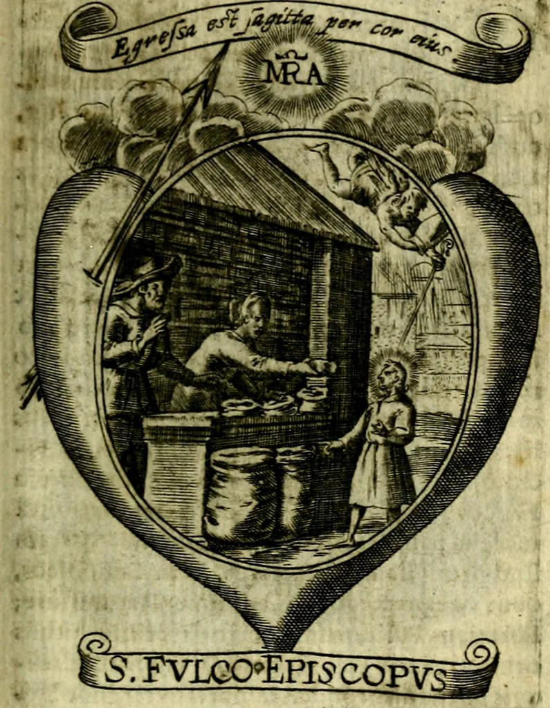 An illustration from Fasti Mariani cum illustrium diuorum imaginib. & elogijs prope DC. in singulos anni menses diésq SS. natales distributis, 1630, leaf 386