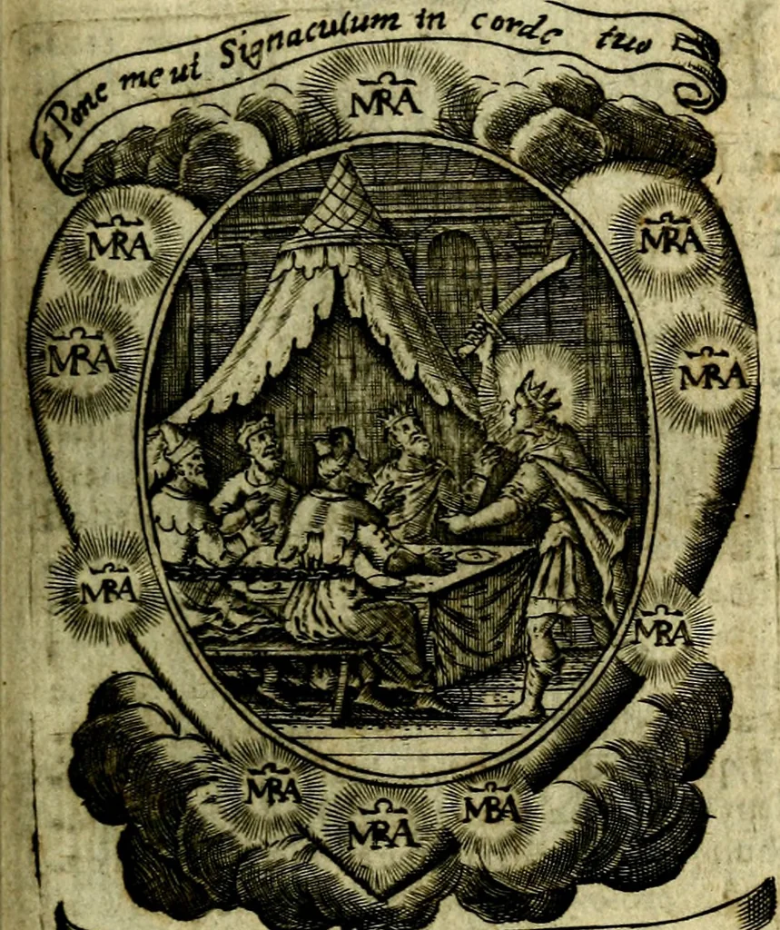 An illustration from Fasti Mariani cum illustrium diuorum imaginib. & elogijs prope DC. in singulos anni menses diésq SS. natales distributis, 1630, leaf 388