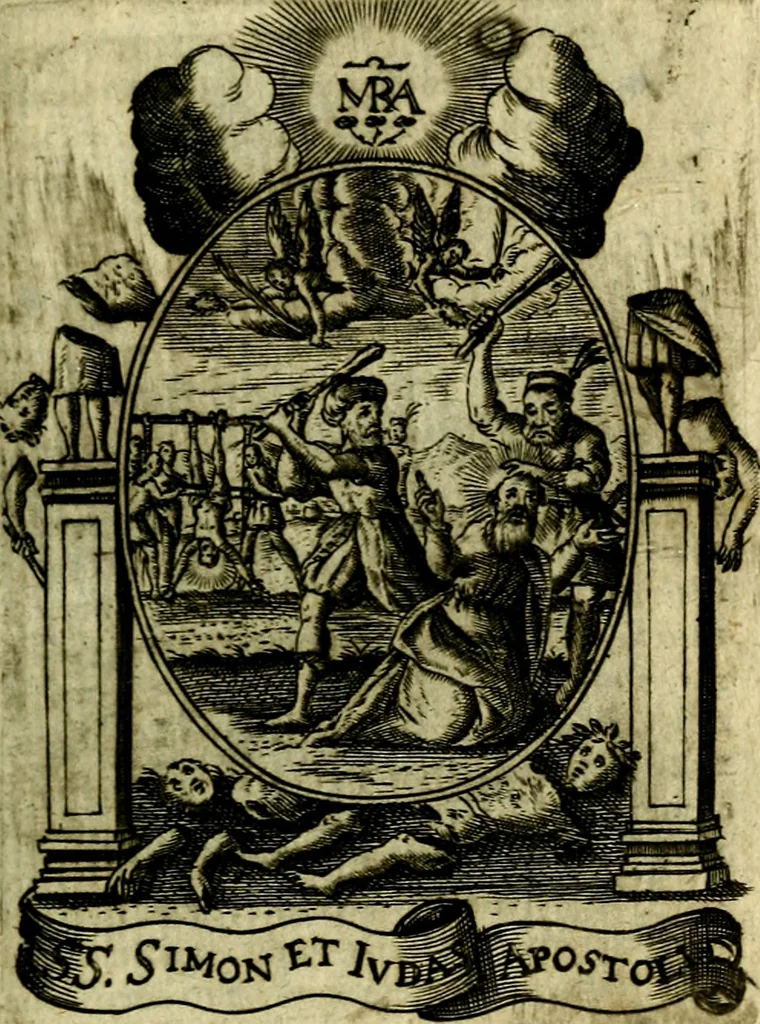 An illustration from Fasti Mariani cum illustrium diuorum imaginib. & elogijs prope DC. in singulos anni menses diésq SS. natales distributis, 1630, leaf 390