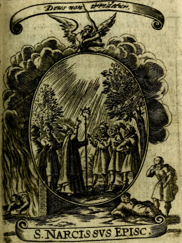 An illustration from Fasti Mariani cum illustrium diuorum imaginib. & elogijs prope DC. in singulos anni menses diésq SS. natales distributis, 1630, leaf 392