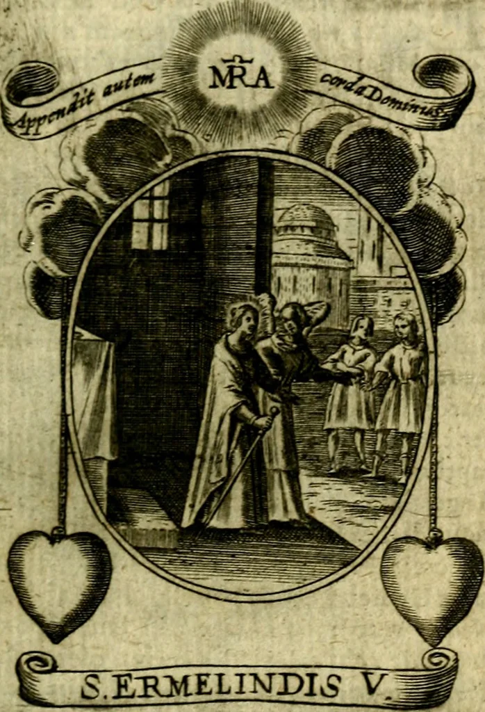 An illustration from Fasti Mariani cum illustrium diuorum imaginib. & elogijs prope DC. in singulos anni menses diésq SS. natales distributis, 1630, leaf 394