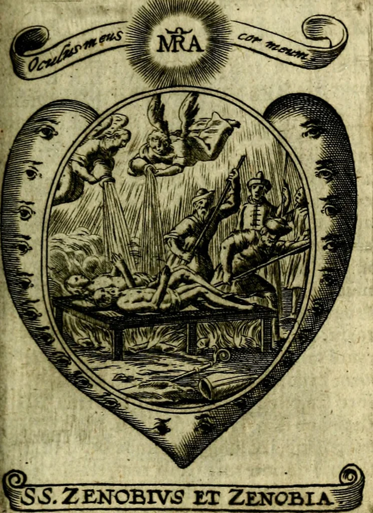 An illustration from Fasti Mariani cum illustrium diuorum imaginib. & elogijs prope DC. in singulos anni menses diésq SS. natales distributis, 1630, leaf 396