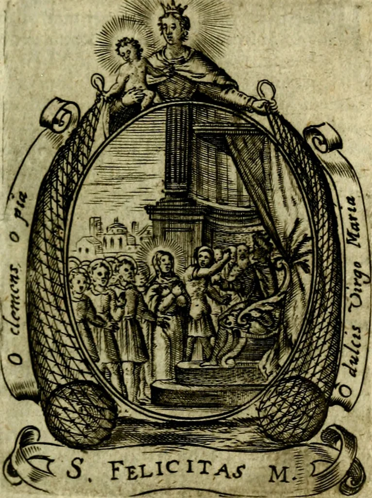 An illustration from Fasti Mariani cum illustrium diuorum imaginib. & elogijs prope DC. in singulos anni menses diésq SS. natales distributis, 1630, leaf 40