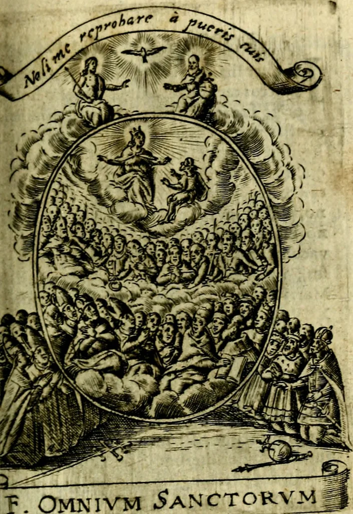 An illustration from Fasti Mariani cum illustrium diuorum imaginib. & elogijs prope DC. in singulos anni menses diésq SS. natales distributis, 1630, leaf 402