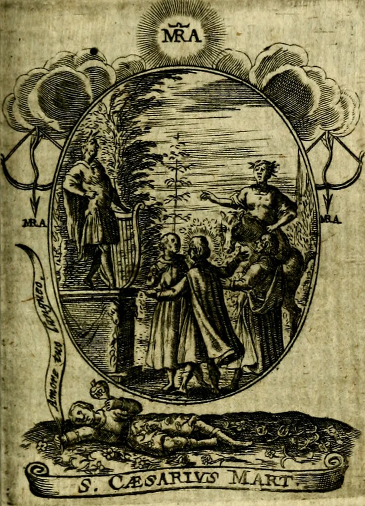 An illustration from Fasti Mariani cum illustrium diuorum imaginib. & elogijs prope DC. in singulos anni menses diésq SS. natales distributis, 1630, leaf 404