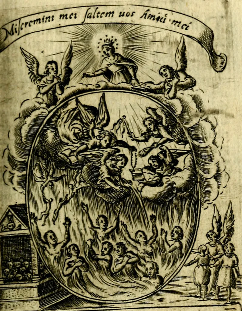 An illustration from Fasti Mariani cum illustrium diuorum imaginib. & elogijs prope DC. in singulos anni menses diésq SS. natales distributis, 1630, leaf 406