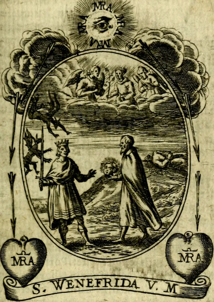 An illustration from Fasti Mariani cum illustrium diuorum imaginib. & elogijs prope DC. in singulos anni menses diésq SS. natales distributis, 1630, leaf 410