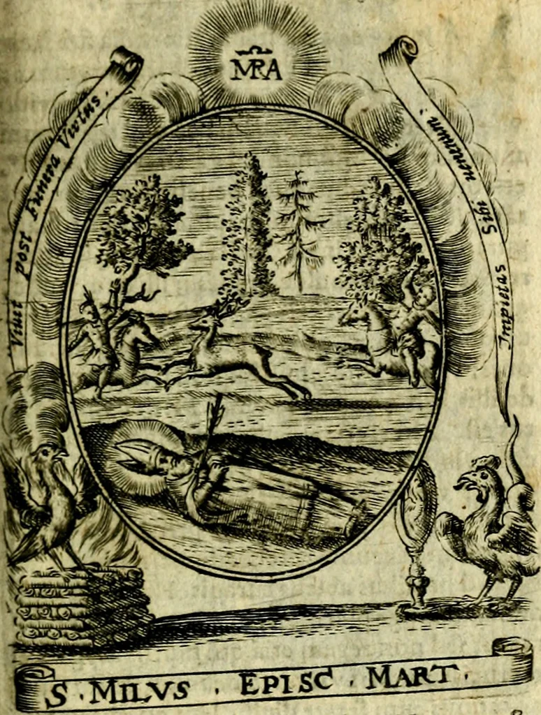 An illustration from Fasti Mariani cum illustrium diuorum imaginib. & elogijs prope DC. in singulos anni menses diésq SS. natales distributis, 1630, leaf 412