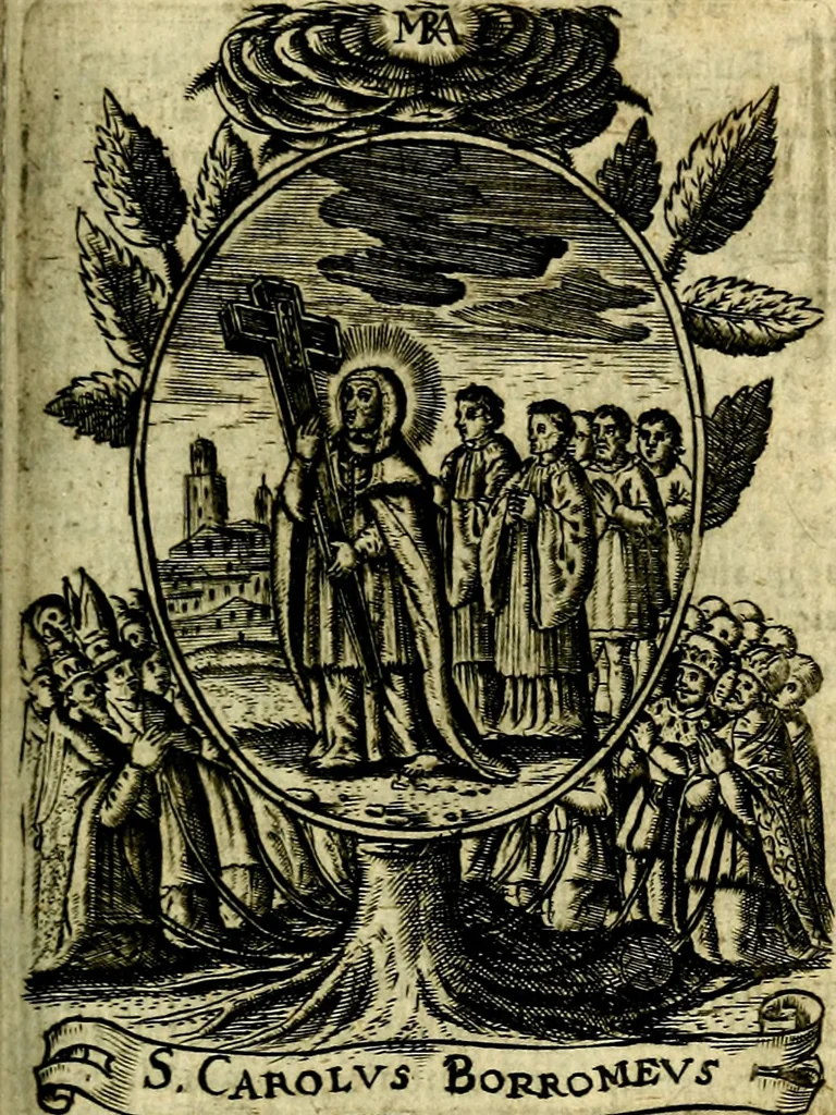 An illustration from Fasti Mariani cum illustrium diuorum imaginib. & elogijs prope DC. in singulos anni menses diésq SS. natales distributis, 1630, leaf 414