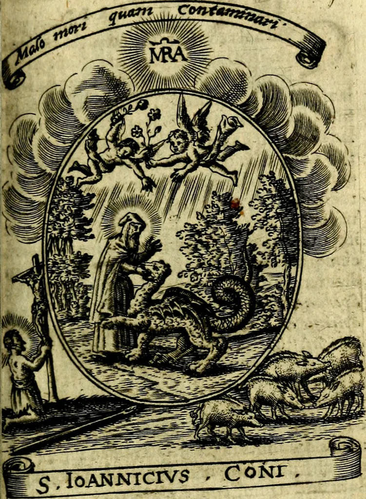 An illustration from Fasti Mariani cum illustrium diuorum imaginib. & elogijs prope DC. in singulos anni menses diésq SS. natales distributis, 1630, leaf 416
