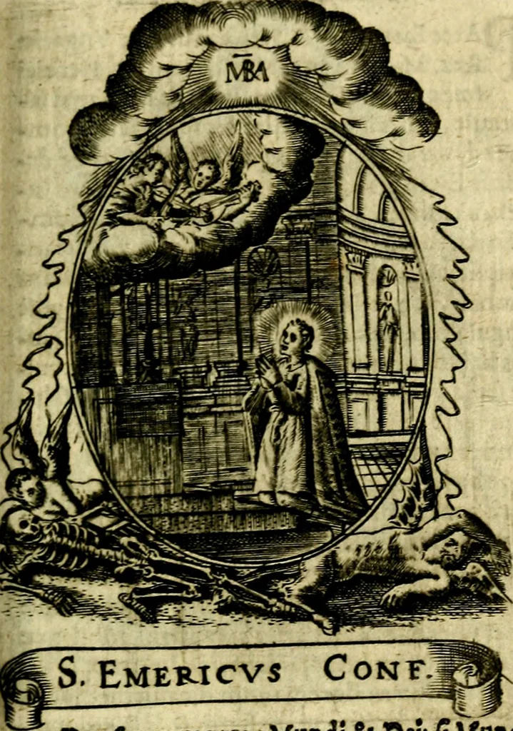 An illustration from Fasti Mariani cum illustrium diuorum imaginib. & elogijs prope DC. in singulos anni menses diésq SS. natales distributis, 1630, leaf 418