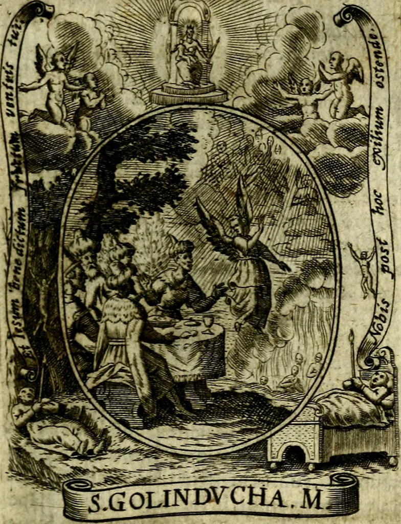 An illustration from Fasti Mariani cum illustrium diuorum imaginib. & elogijs prope DC. in singulos anni menses diésq SS. natales distributis, 1630, leaf 42