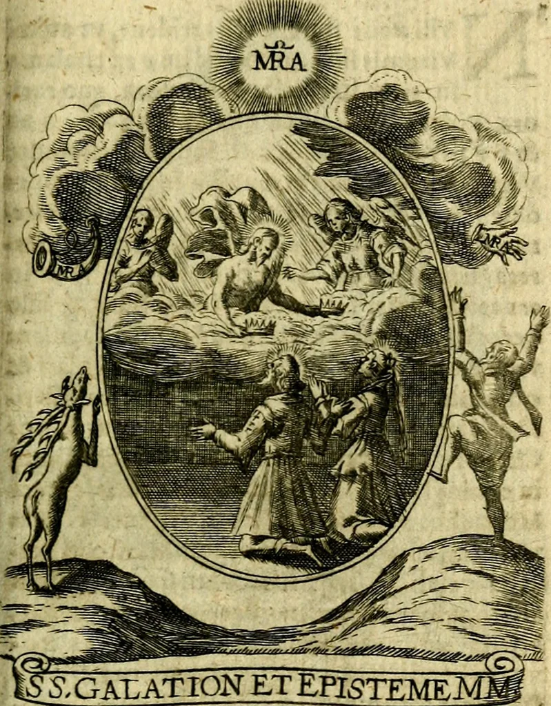 An illustration from Fasti Mariani cum illustrium diuorum imaginib. & elogijs prope DC. in singulos anni menses diésq SS. natales distributis, 1630, leaf 420