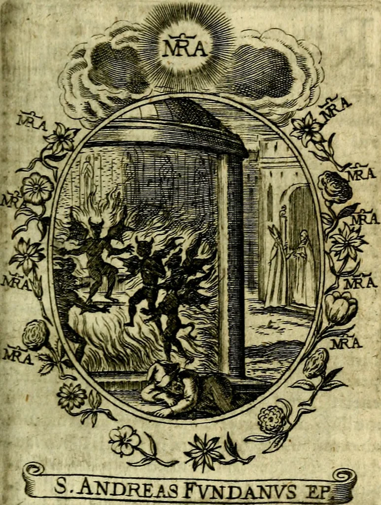 An illustration from Fasti Mariani cum illustrium diuorum imaginib. & elogijs prope DC. in singulos anni menses diésq SS. natales distributis, 1630, leaf 424