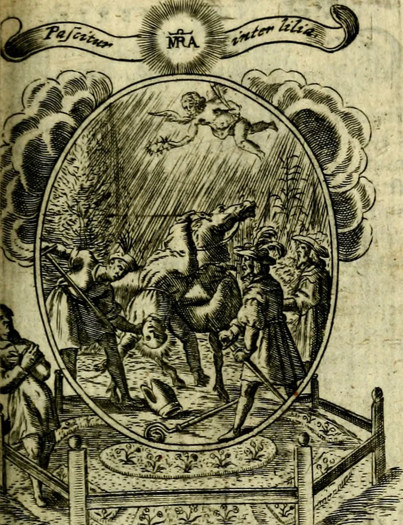 An illustration from Fasti Mariani cum illustrium diuorum imaginib. & elogijs prope DC. in singulos anni menses diésq SS. natales distributis, 1630, leaf 426