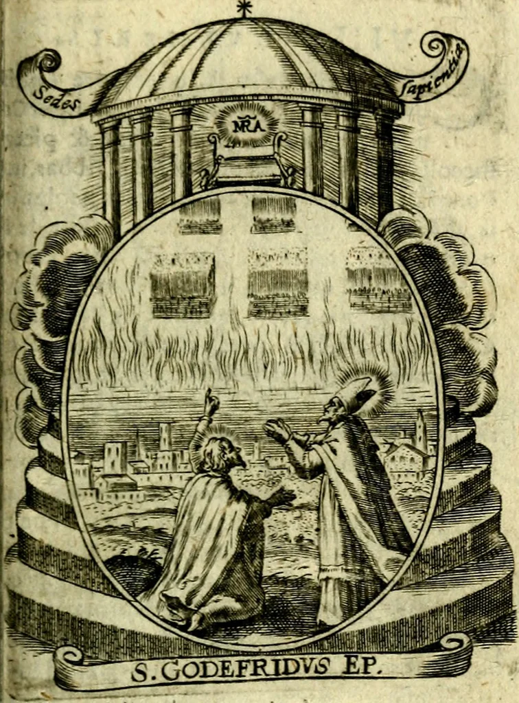 An illustration from Fasti Mariani cum illustrium diuorum imaginib. & elogijs prope DC. in singulos anni menses diésq SS. natales distributis, 1630, leaf 428