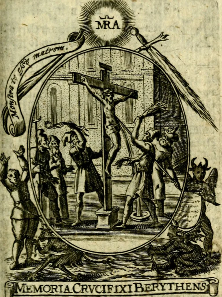 An illustration from Fasti Mariani cum illustrium diuorum imaginib. & elogijs prope DC. in singulos anni menses diésq SS. natales distributis, 1630, leaf 430