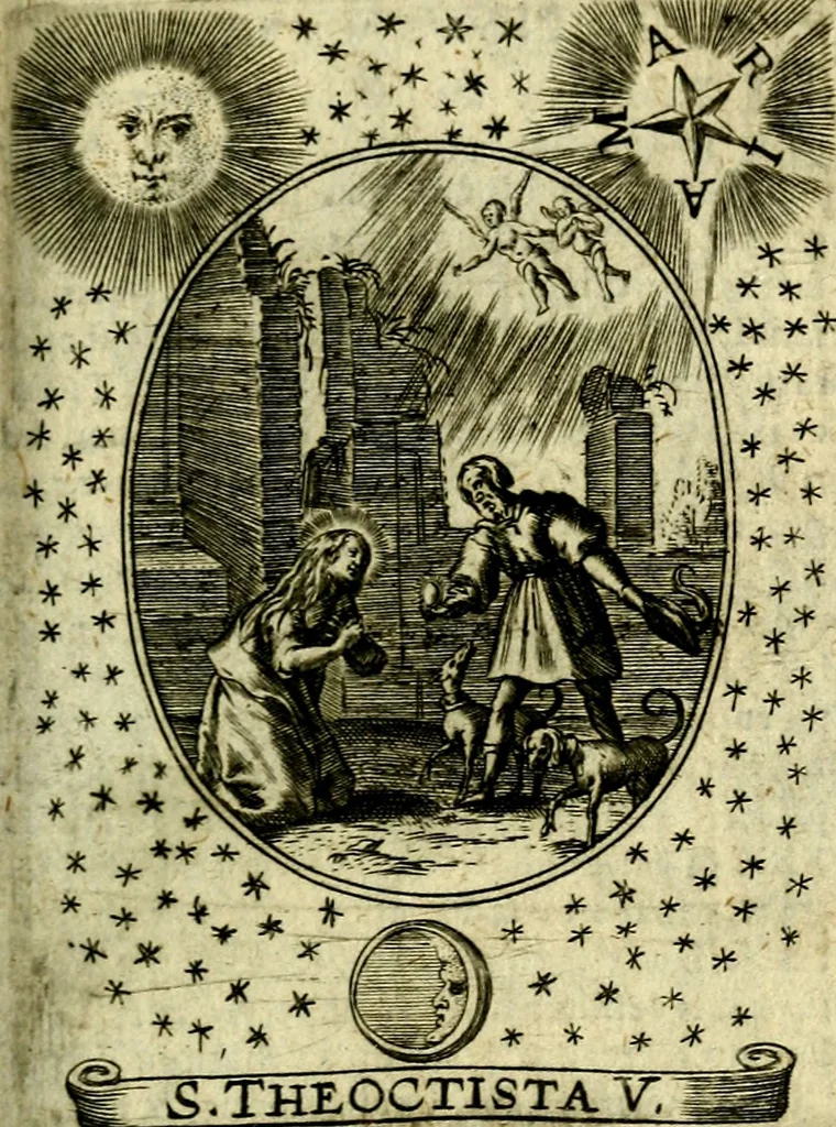 An illustration from Fasti Mariani cum illustrium diuorum imaginib. & elogijs prope DC. in singulos anni menses diésq SS. natales distributis, 1630, leaf 432