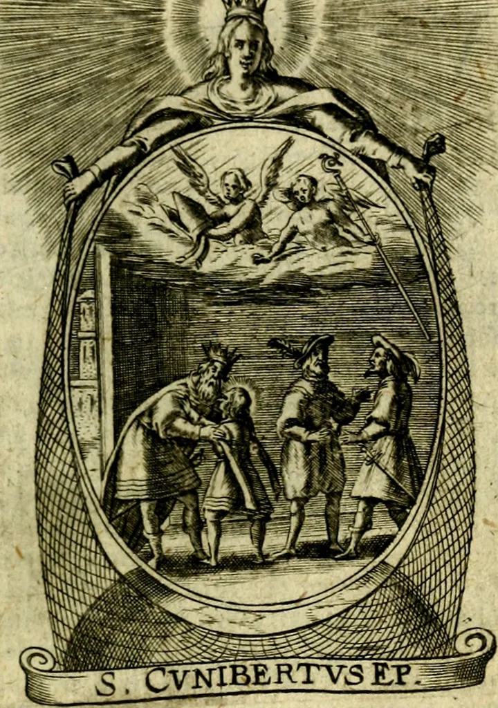 An illustration from Fasti Mariani cum illustrium diuorum imaginib. & elogijs prope DC. in singulos anni menses diésq SS. natales distributis, 1630, leaf 436