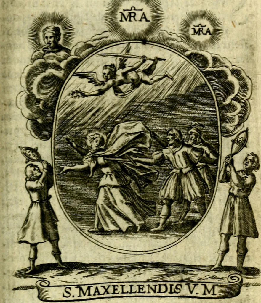 An illustration from Fasti Mariani cum illustrium diuorum imaginib. & elogijs prope DC. in singulos anni menses diésq SS. natales distributis, 1630, leaf 438