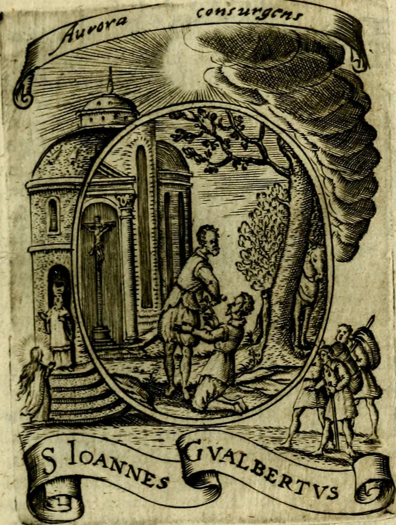 An illustration from Fasti Mariani cum illustrium diuorum imaginib. & elogijs prope DC. in singulos anni menses diésq SS. natales distributis, 1630, leaf 44