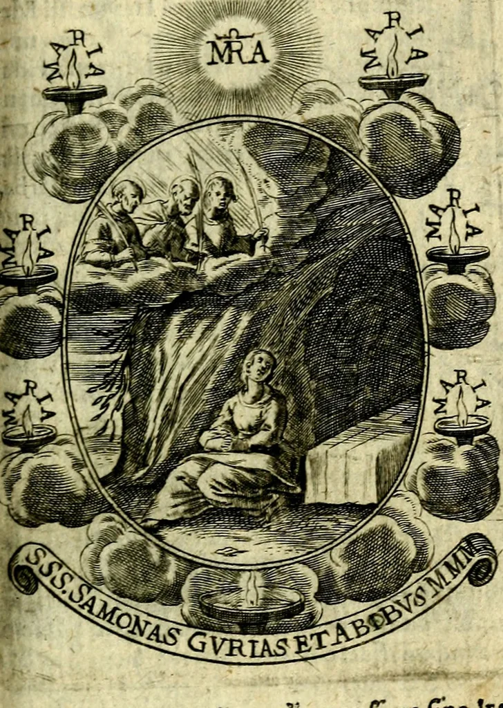 An illustration from Fasti Mariani cum illustrium diuorum imaginib. & elogijs prope DC. in singulos anni menses diésq SS. natales distributis, 1630, leaf 446