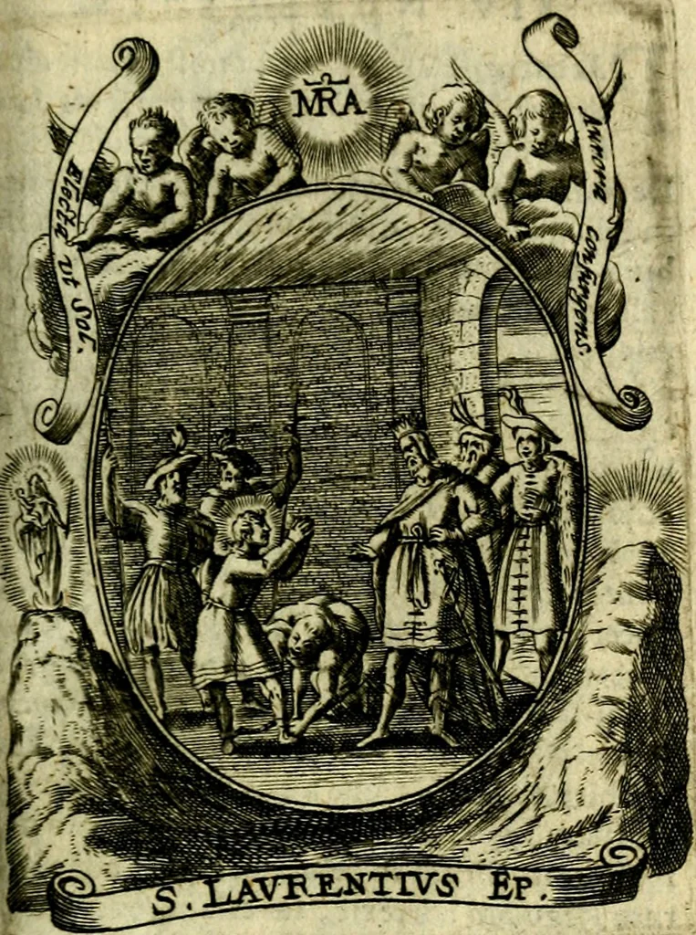 An illustration from Fasti Mariani cum illustrium diuorum imaginib. & elogijs prope DC. in singulos anni menses diésq SS. natales distributis, 1630, leaf 448
