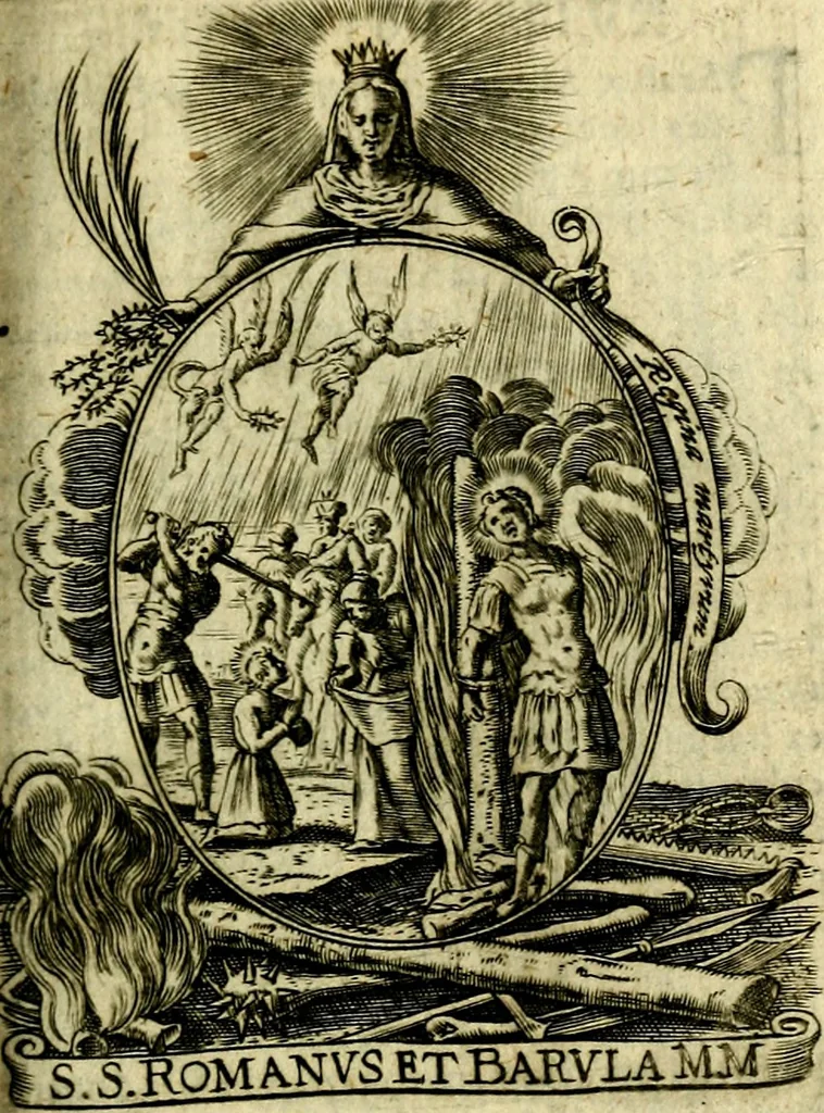 An illustration from Fasti Mariani cum illustrium diuorum imaginib. & elogijs prope DC. in singulos anni menses diésq SS. natales distributis, 1630, leaf 454