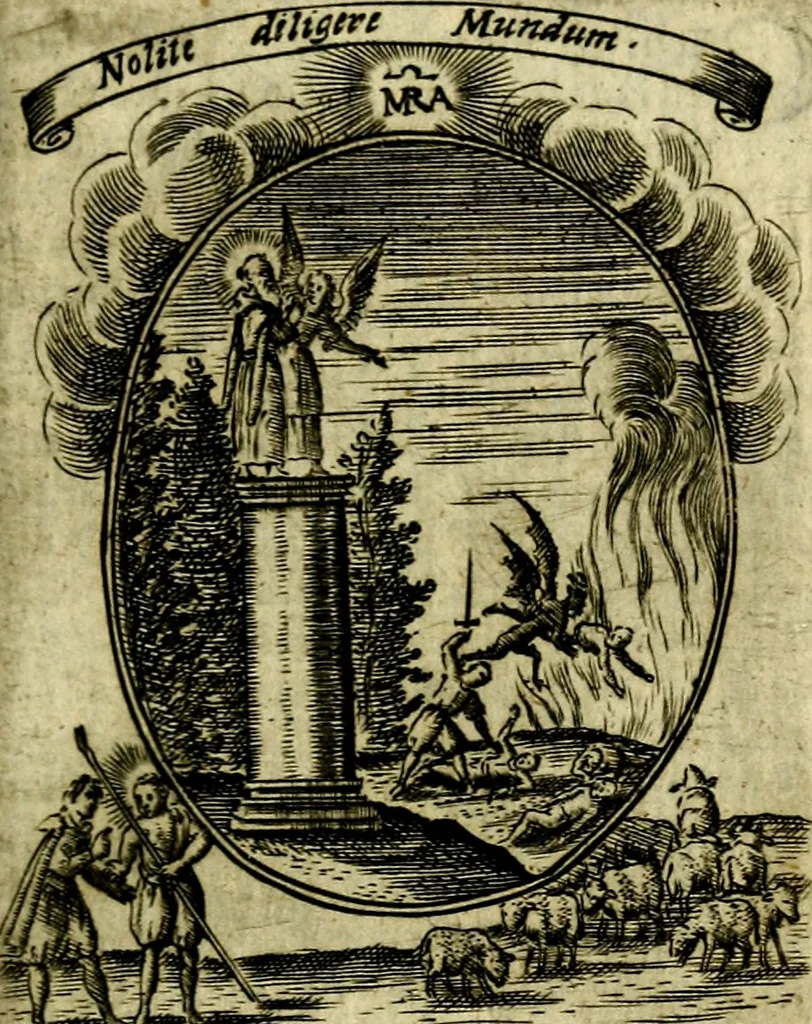 An illustration from Fasti Mariani cum illustrium diuorum imaginib. & elogijs prope DC. in singulos anni menses diésq SS. natales distributis, 1630, leaf 458