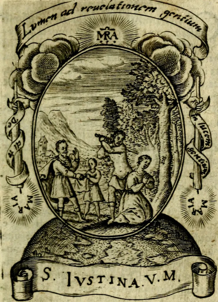 An illustration from Fasti Mariani cum illustrium diuorum imaginib. & elogijs prope DC. in singulos anni menses diésq SS. natales distributis, 1630, leaf 46