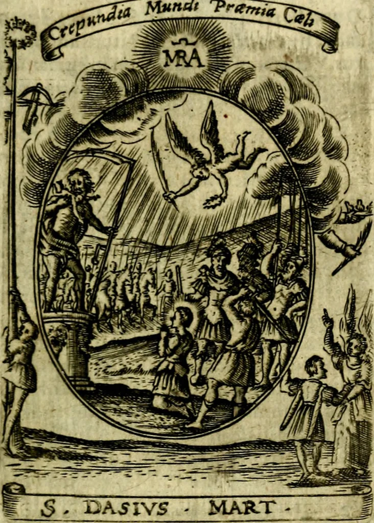 An illustration from Fasti Mariani cum illustrium diuorum imaginib. & elogijs prope DC. in singulos anni menses diésq SS. natales distributis, 1630, leaf 462