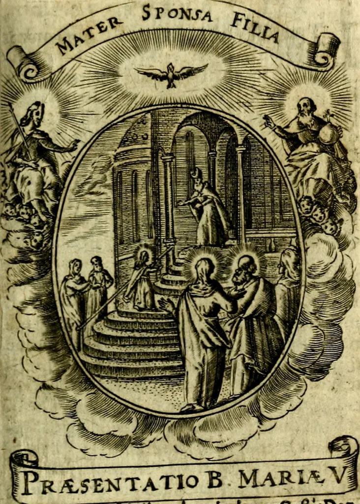 An illustration from Fasti Mariani cum illustrium diuorum imaginib. & elogijs prope DC. in singulos anni menses diésq SS. natales distributis, 1630, leaf 466